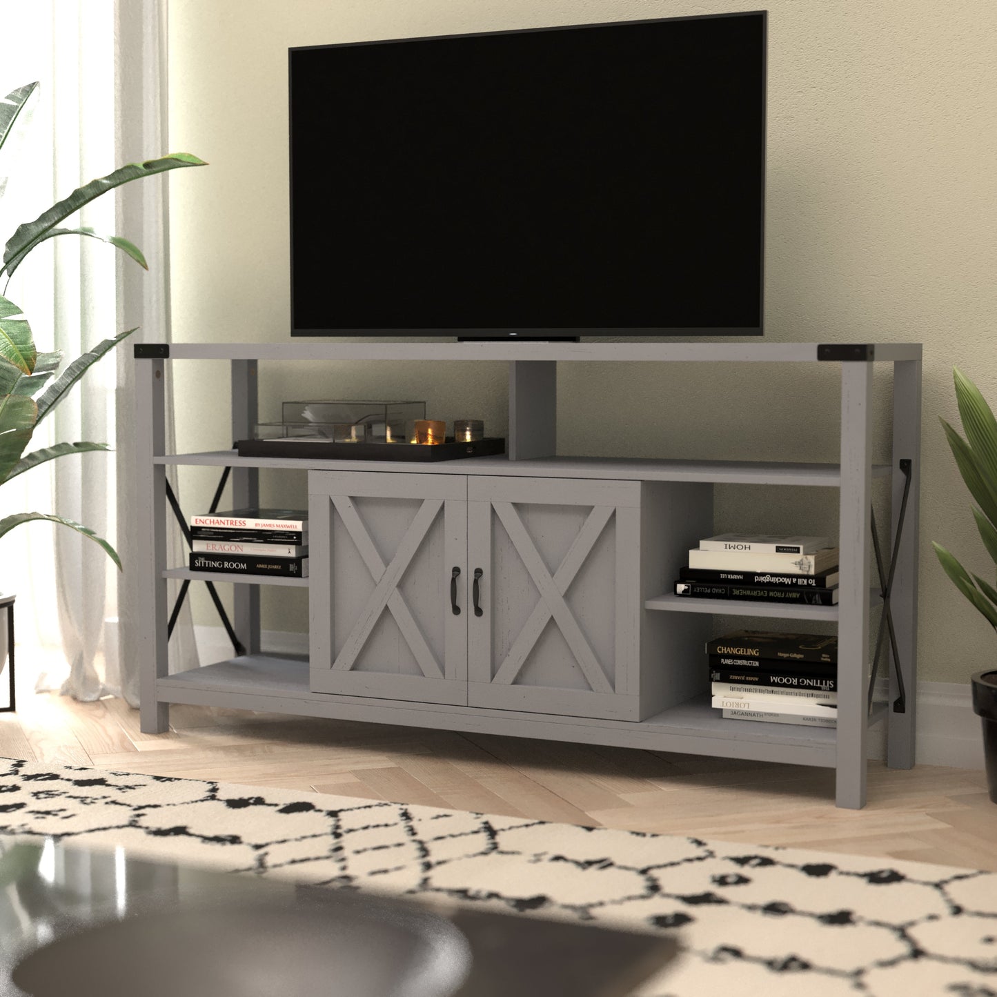 60" Coastal Gray and White/Rustic TV Stand ZG-025