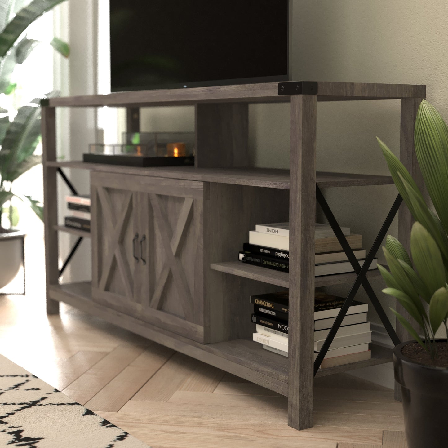 60" Coastal Gray and White/Rustic TV Stand ZG-025