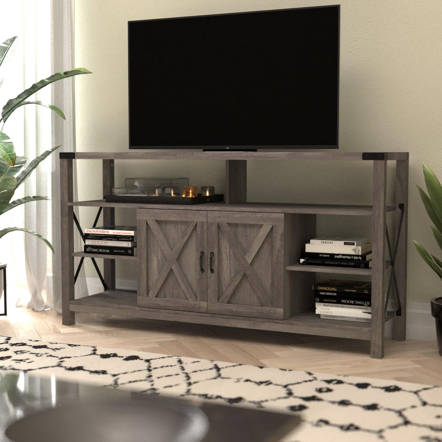 60" Coastal Gray and White/Rustic TV Stand ZG-025